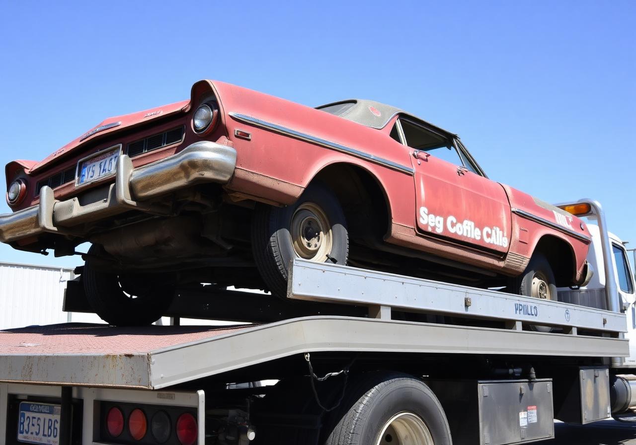 Junk car being loaded onto a tow truck for scrap