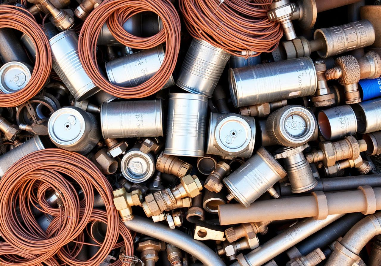 Various scrap metals: copper wire, aluminum, brass and steel